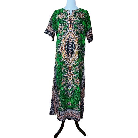 Sabysco Dresses & Skirts - Sabysco Womens Large Bohemian Green & Black Kaftan Dress 100% Cotton Maxi vintag
